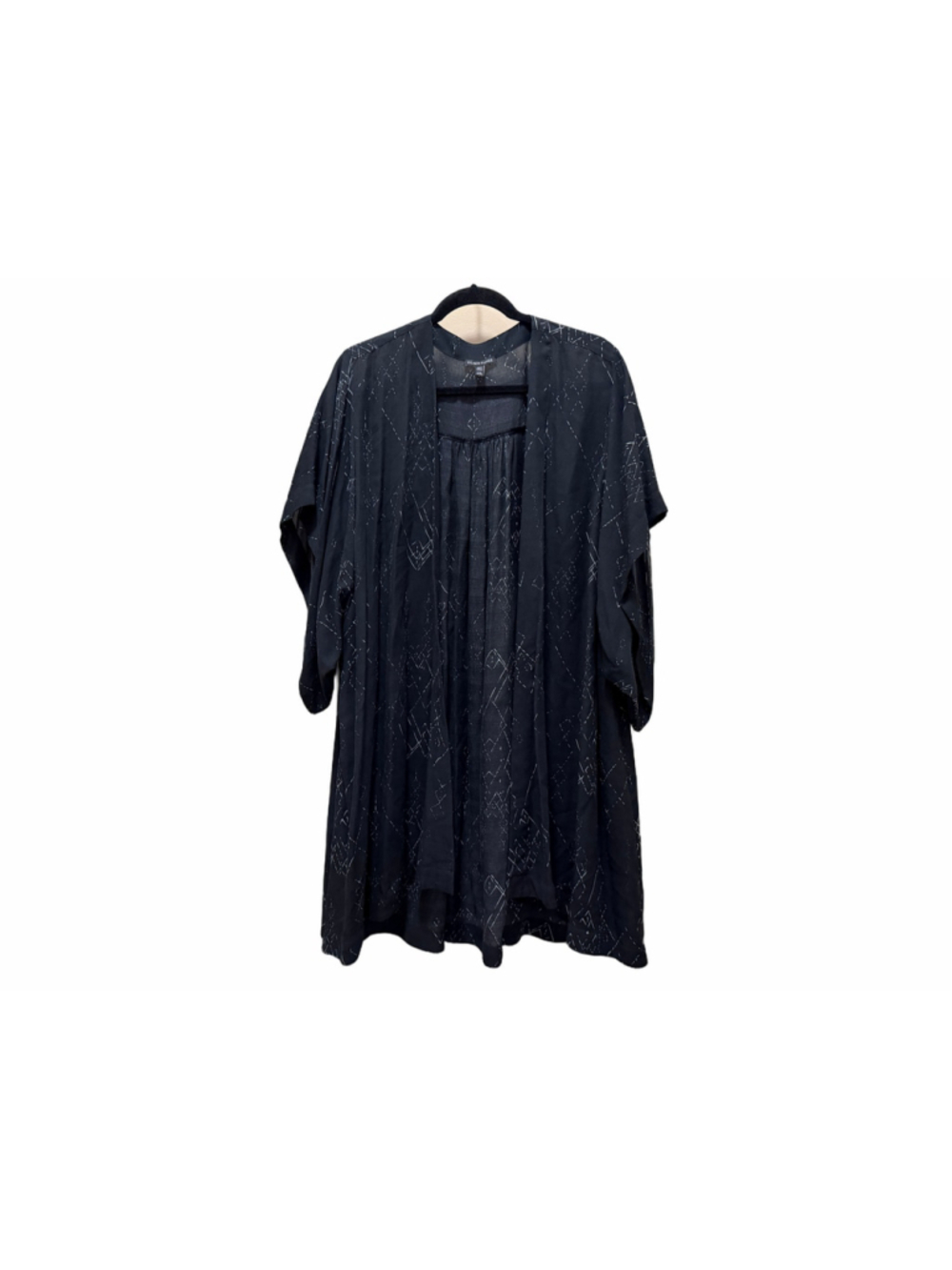 Eileen Fisher Silk Blend Open Front Kimono Duster Cardigan Black Geometric L/XL